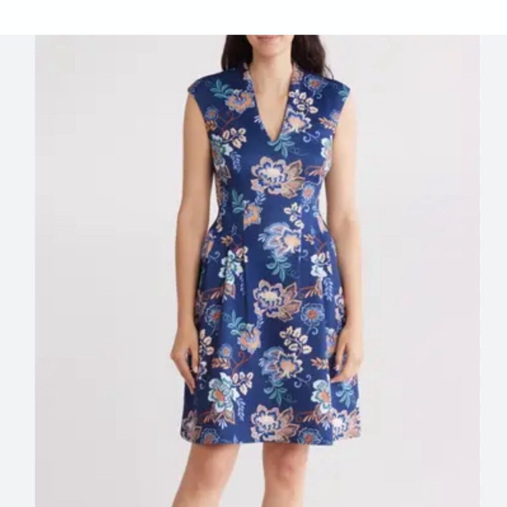 Vince Camuto Navy Floral Midi Dress Scuba fit & flare